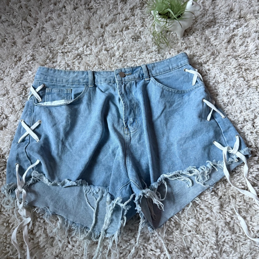 Light Blue Frayed unique crisscross Women's Jean Shorts with Lace-Up Detail your